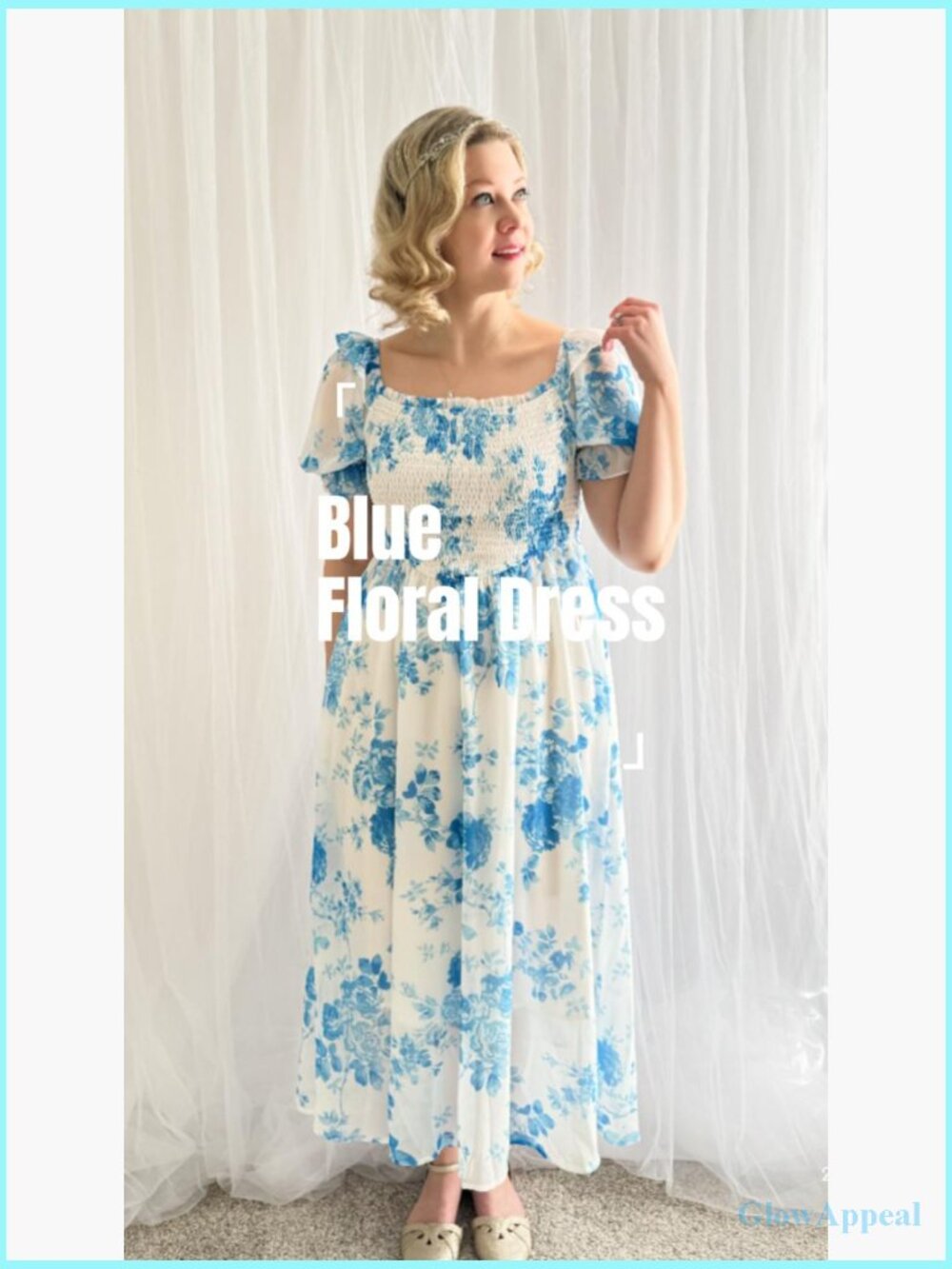 Floral Puff Sleeve Square Neck A-Line Midi Dress for Wedding Guest Tea Party - Picture 7 of 7